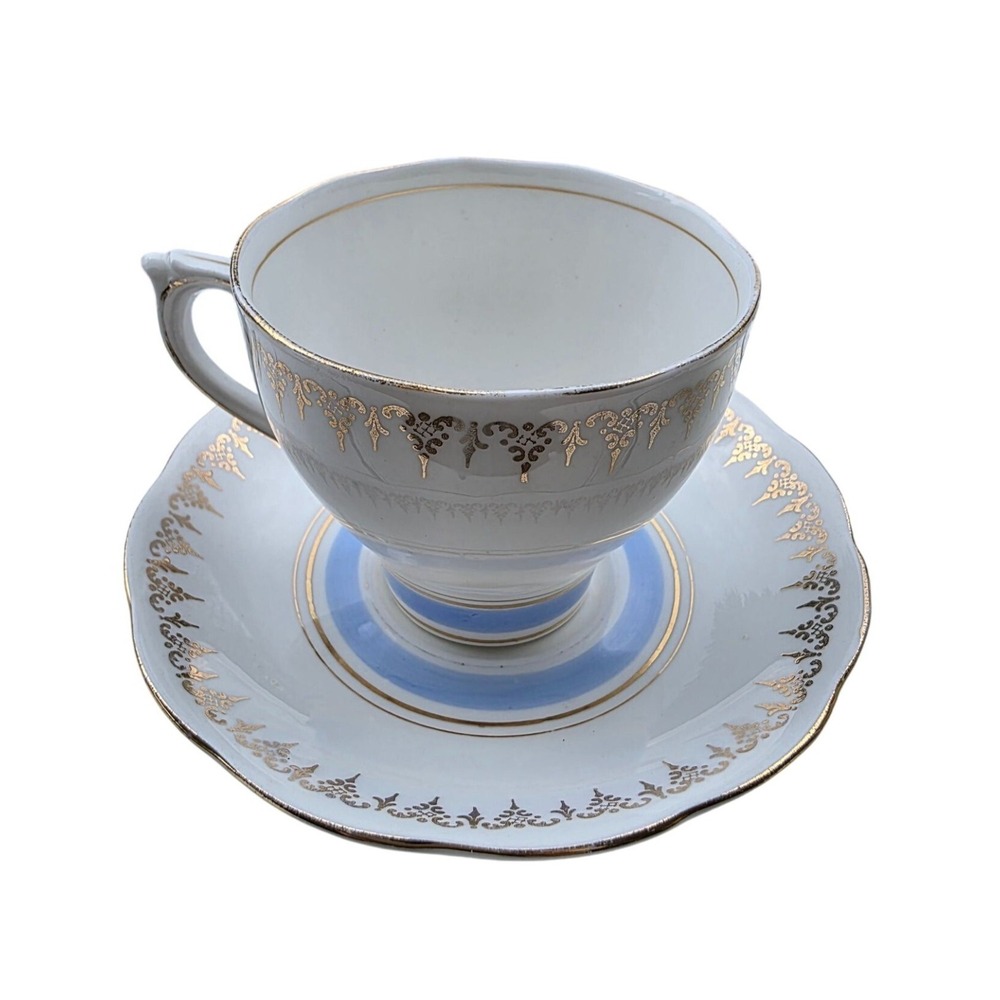 Vintage Roslyn‎ Fine Bone China Tea Cup Saucer Set Blue Gold Gilt England